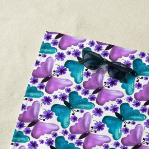 Serviette De Plage Papillon floral motif sarcelle violet