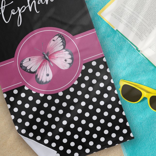 Serviette De Plage Papillon personnalisé Noir rose Pois blancs (Créateur téléchargé)