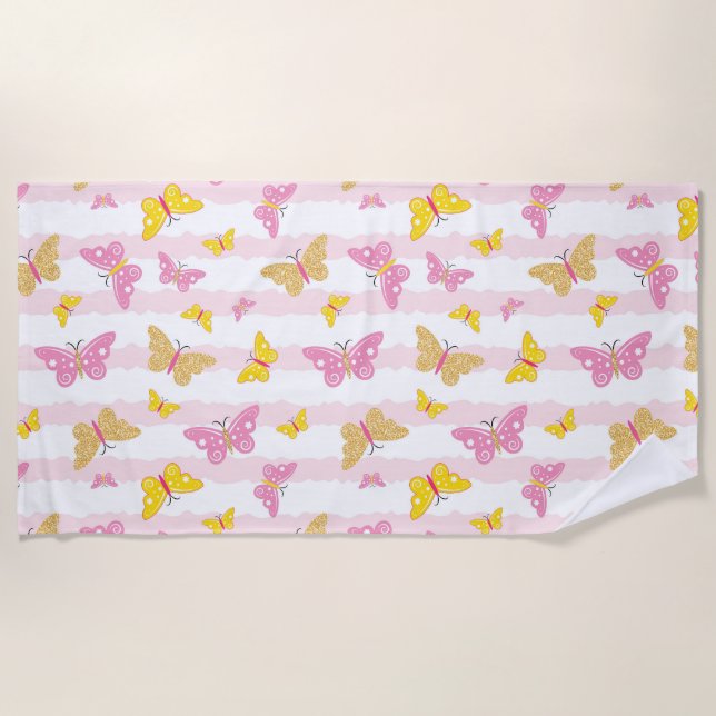 Serviette De Plage Papillon rose et or (Devant)