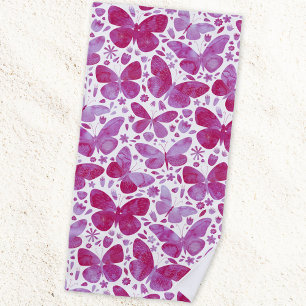 Serviette De Plage Papillons Aquarelle Magenta Rose