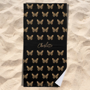 Serviette De Plage Papillons en or noir motif script de nom