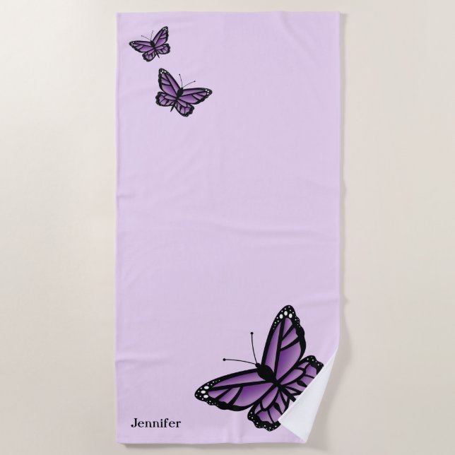 Serviette De Plage Papillons Violets Et Nom Personnalisé (Devant)