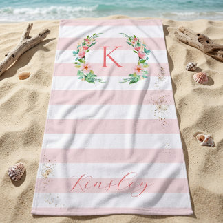 Serviette De Plage Paradis Floral et Monogramme Rayures