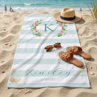 Serviette De Plage Paradise Floral et Monogramme Rayures