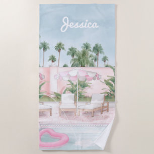 Serviette De Plage Parapluie rose et blanc au bord de la piscine