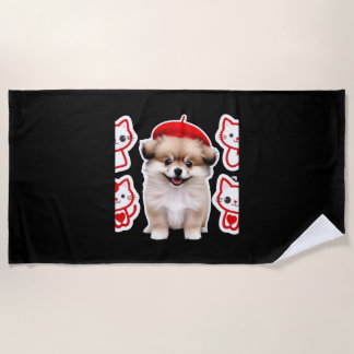 Serviette De Plage Paris Pup & Kitty Crew - Cute Beret Chien et Chat