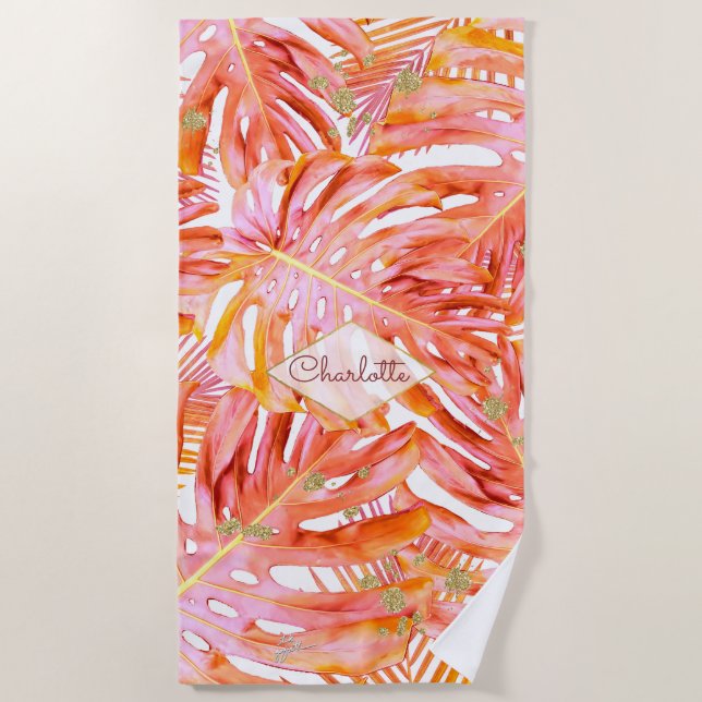 Serviette De Plage Parties scintillant d'or Tropical Leaf Motif Palm  (Devant)