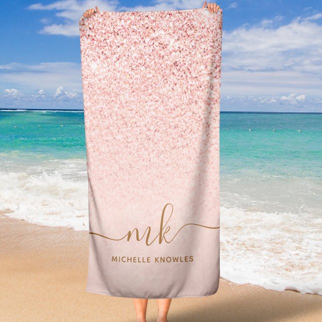 Serviette De Plage Parties scintillant or Rose tendance Initiales fan (Trendy Rose Gold Glitter Fancy Initials and Name Beach Towel)