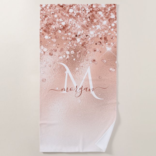 Serviette De Plage Parties scintillant Peach Rose or Monogramme (Devant)