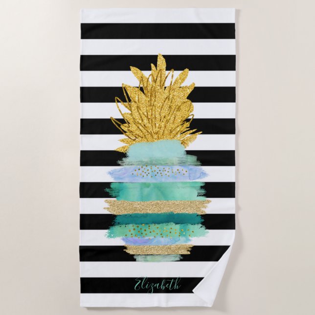 Serviette De Plage Parties scintillant verte ananas noir blanc rayure (Devant)