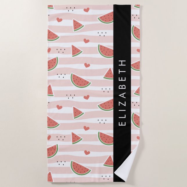 Serviette De Plage Pastèques Rouges, Coeurs, Bandes, Votre Nom (Devant)
