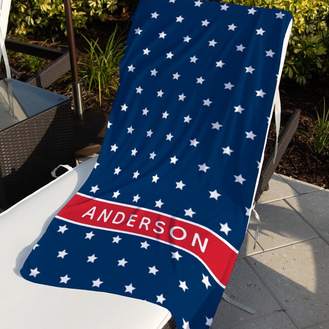 Serviette De Plage Patriotique Rouge Blanc et Bleu Étoiles Nom person (Créateur téléchargé)
