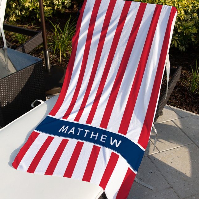 Serviette De Plage Patriotique Rouge Blancs et Bleus Nom personnalisé (Créateur téléchargé)