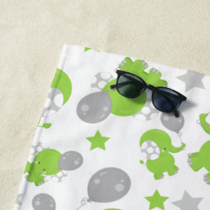 Serviette De Plage Pattern of Green Elephants, Cute Elephants, stars