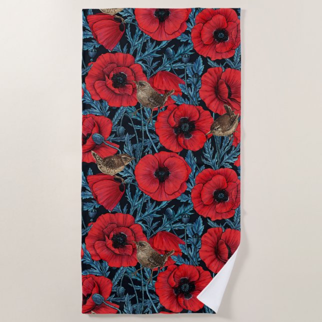 Serviette De Plage Pavot rouge et brunes, feuilles bleus sur noir (Devant)