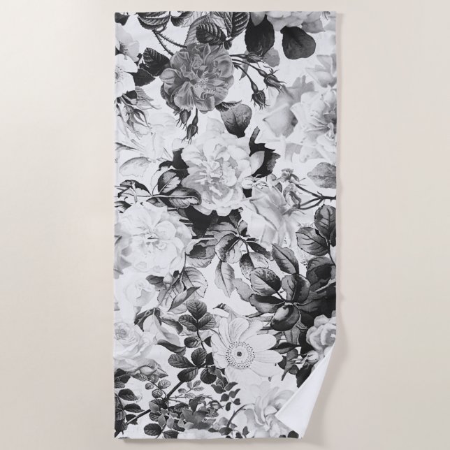 Serviette De Plage Pays moderne blanc noir d'aquarelle floral (Devant)