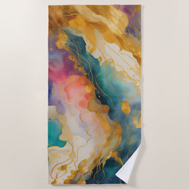 Serviette De Plage Paysage Abstrait Purple Pink Bleu Or (Devant)