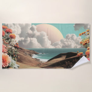 Serviette De Plage Paysage côtier surréaliste avec fleurs et nuages