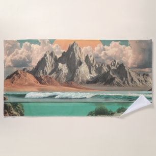 Serviette De Plage Paysage surréaliste d'océan et de montagnes avec d