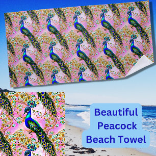 Serviette De Plage Peacock bleu Iridescente, or sur rose