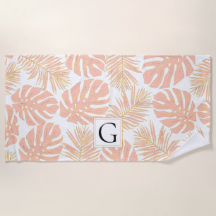 Serviette De Plage Pêche et or tropicaux feuilles et monogramme