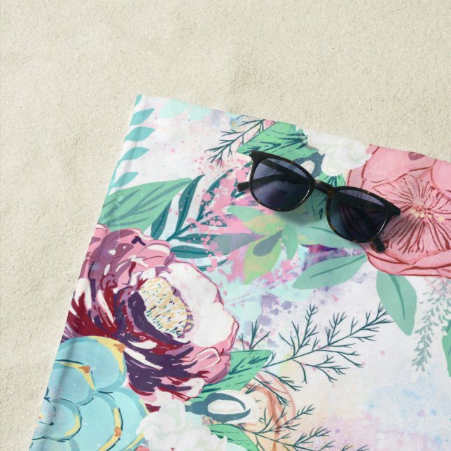 Serviette De Plage Peine de menthe rose mignonne et peinture florale  (En situation)