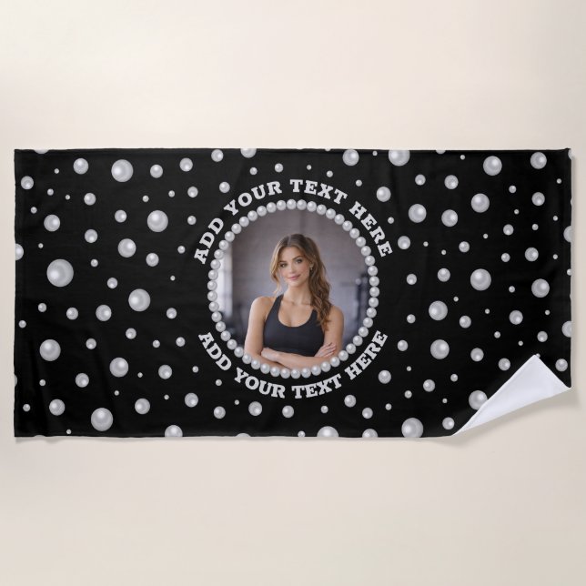 Serviette De Plage Personalized Photo with Pearls Circle on Black (Devant)