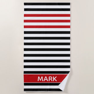 Serviette De Plage Personalized Red Black And White Multi Stripe 