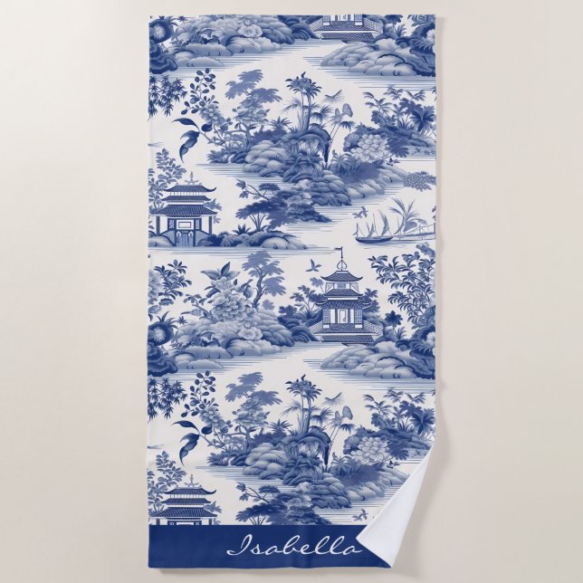 Serviette De Plage Personnalisé Chinoiserie Motif Pagode Bleu Blanc (Devant)