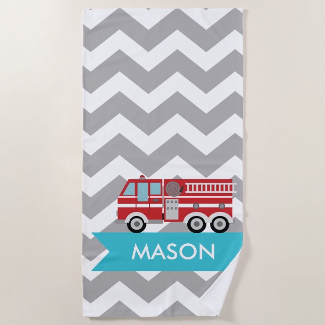 Serviette De Plage Personnalisé Gris Turquoise Chevron Fire Truck Boy (Devant)