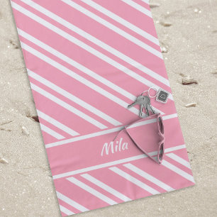 Serviette De Plage Personnalisé, jolie bande rose et blanche