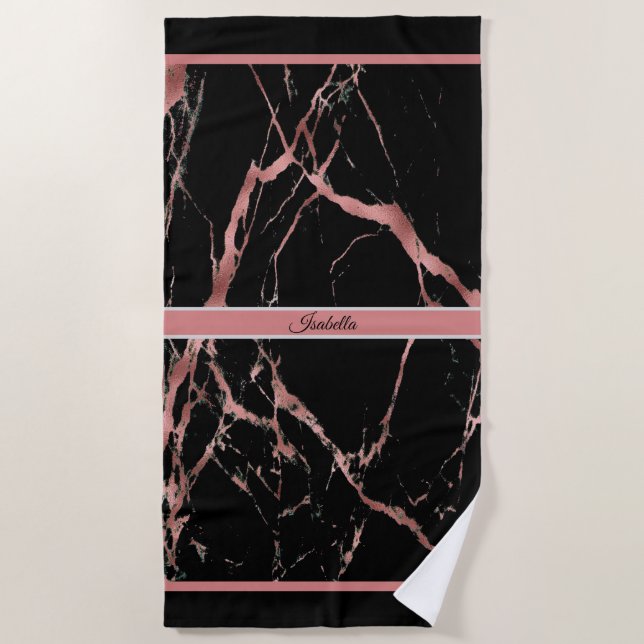 Serviette De Plage Personnaliser de luxe en marbre noir rose (Devant)