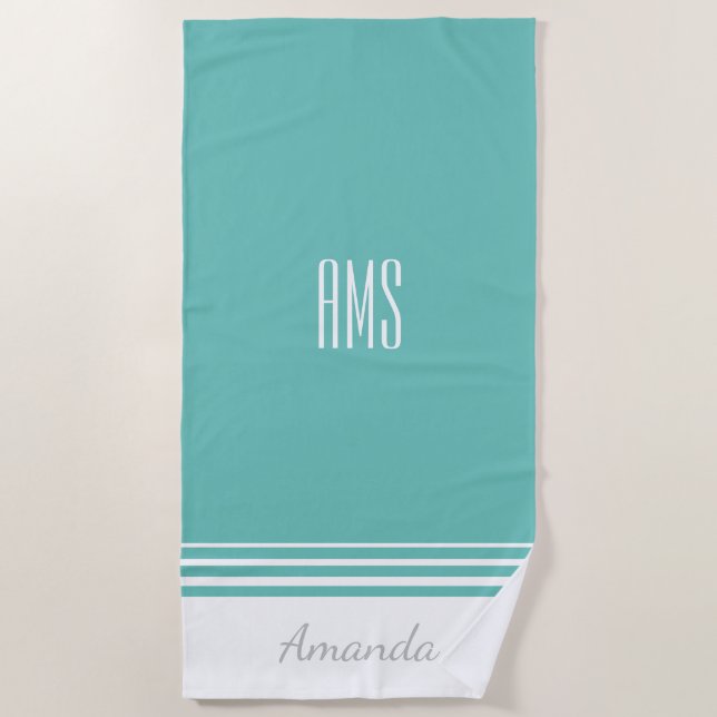 Serviette De Plage Personnaliser le nom et les initiales, Turquoise e (Devant)