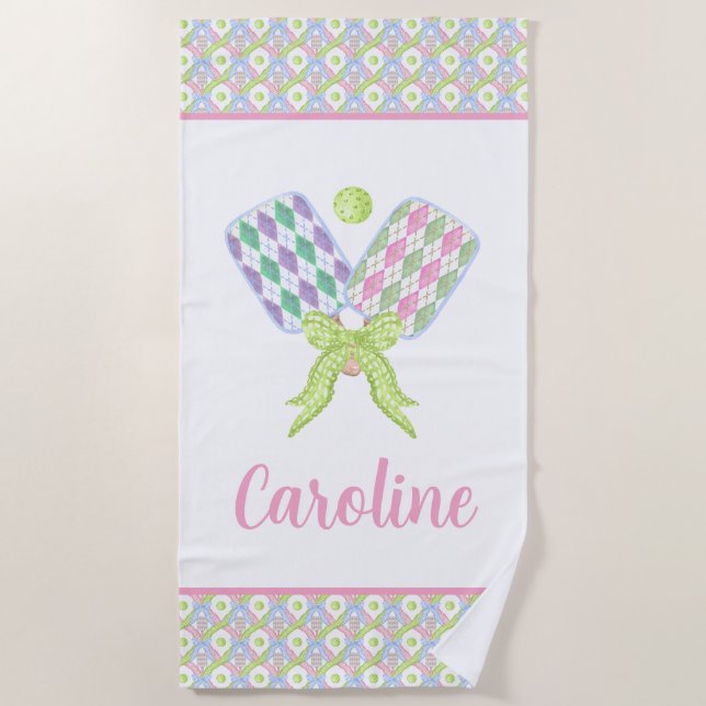 Serviette De Plage Pickleball Paddles de Jacquard d'aquarelle Preppy (Devant)