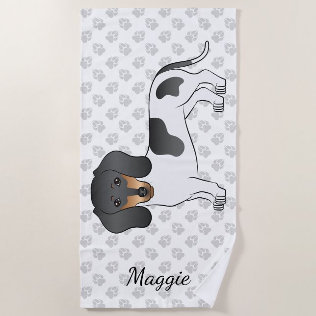 Serviette De Plage Piebald Noir Et Tan Cheveux Courte Dachshund & Nom (Devant)