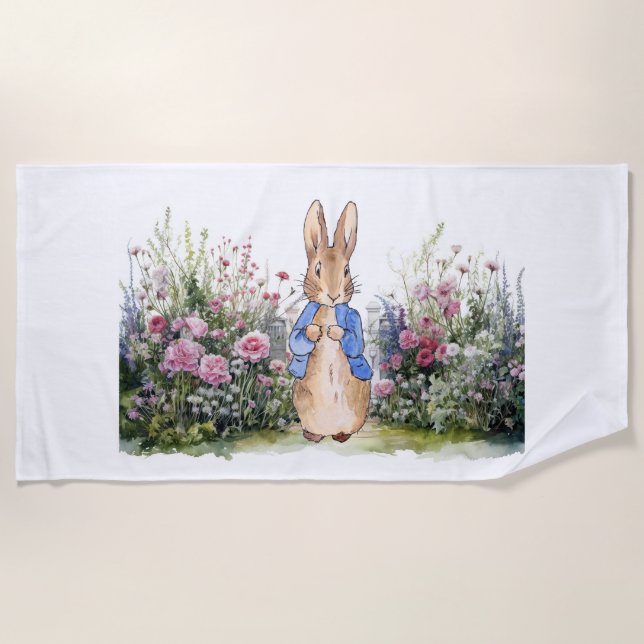 Serviette De Plage Pierre le lapin dans son jardin de fleurs (Devant)