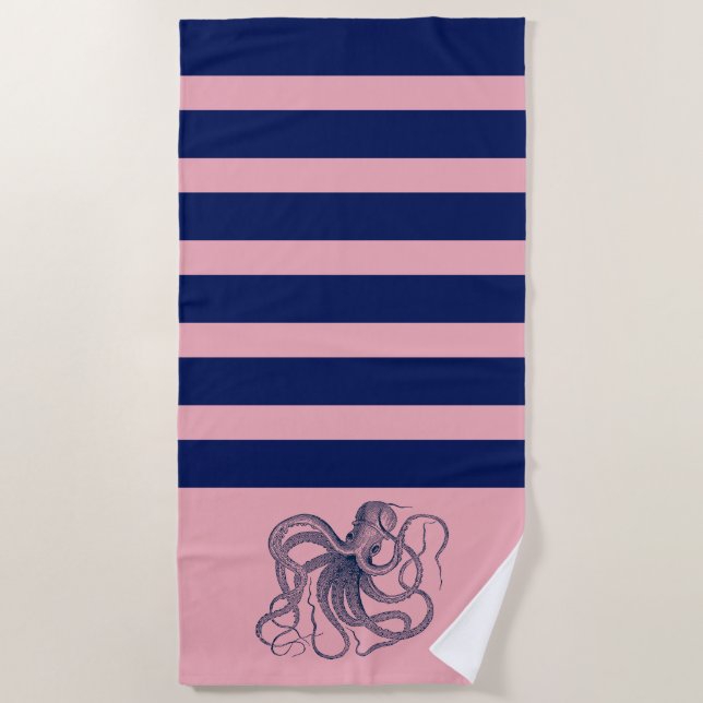Serviette De Plage Pieuvre bleue aux rayures rose et bleue (Devant)