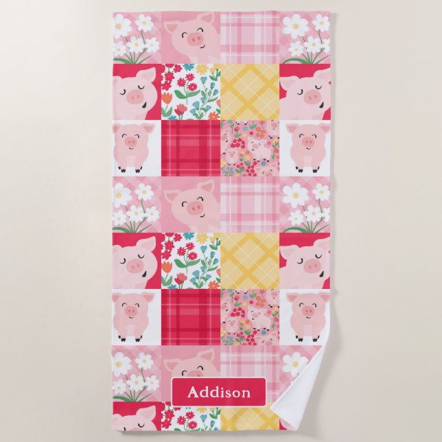Serviette De Plage Pig Patchwork Floral Rustique Personnalisé (Devant)
