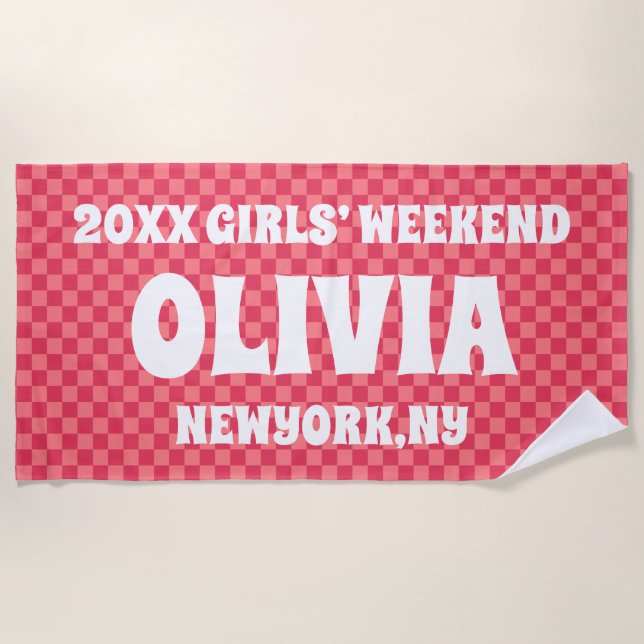 Serviette De Plage Pink À damiers Girls Weekend Nom personnalisé (Devant)