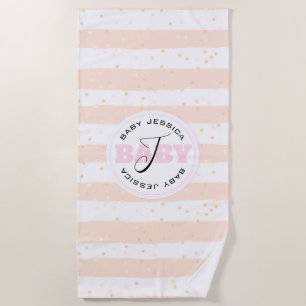 Serviette De Plage Pink and White Monogrammed Baby Stripes