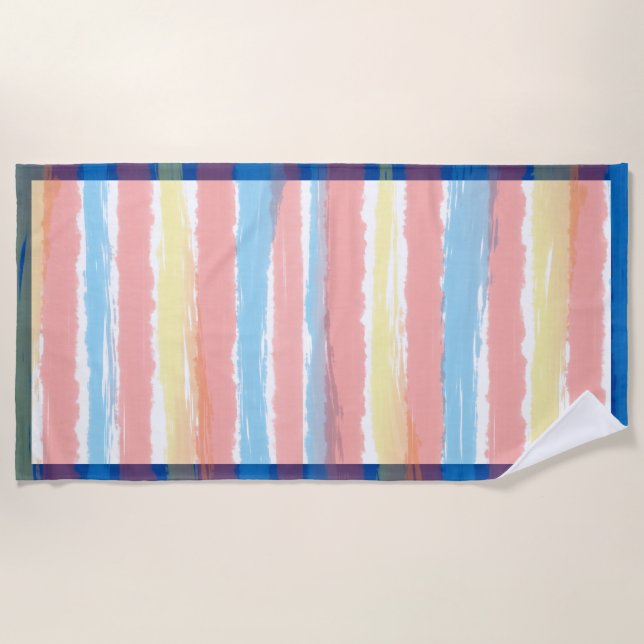 Serviette De Plage Pink Blue Yellow Pastel Stripes (Devant)