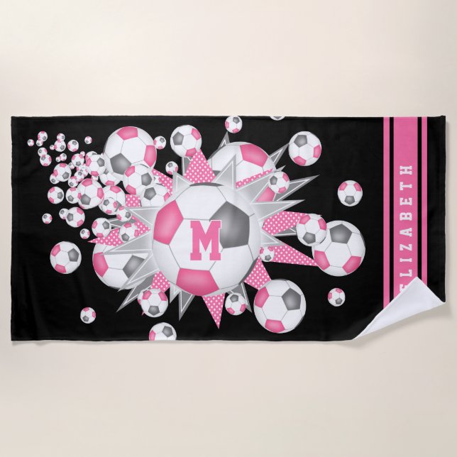 Serviette De Plage Pink gris football balle souffle filles nom person (Devant)