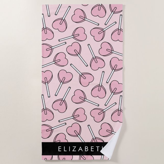 Serviette De Plage Pink Lollipops, Heart Lollipops, Lolly, Your Name (Devant)