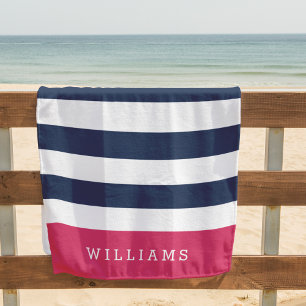 Serviette De Plage Pink & Navy Stripe Personalized