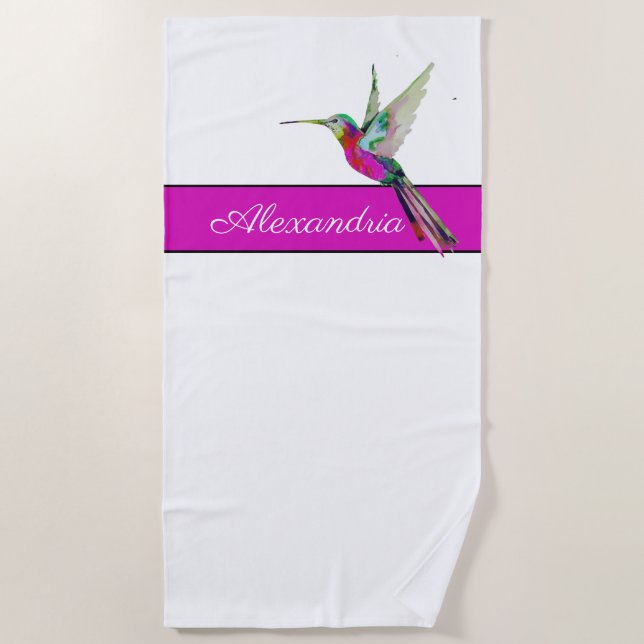 Serviette De Plage Pink Purple Hummingbird Nom du monogramme (Devant)