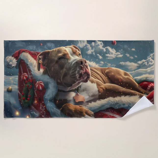 Serviette De Plage Pitbull Chien Festif de Noël (Devant)