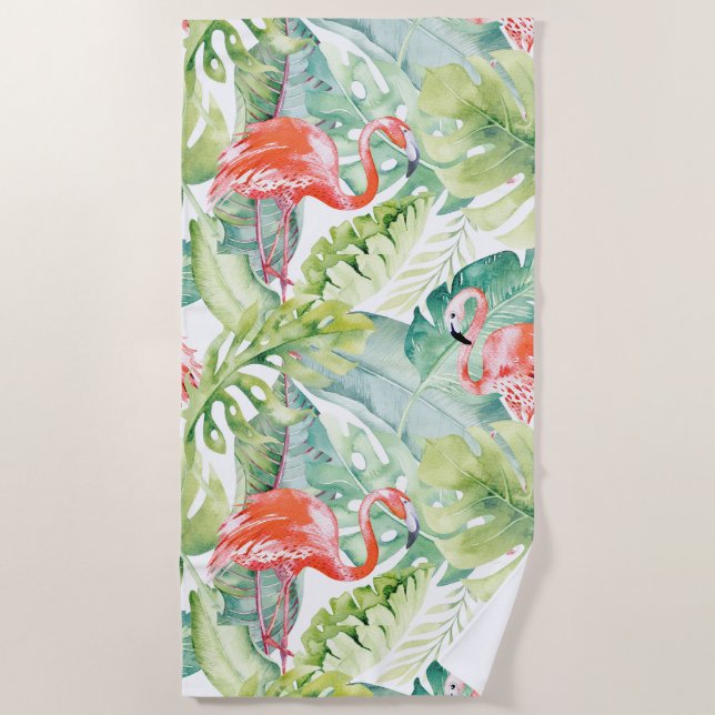SERVIETTE DE PLAGE PIXDEZINES FLAMANTS ROSES ROSES FOLIAGE TROPICAL (Devant)