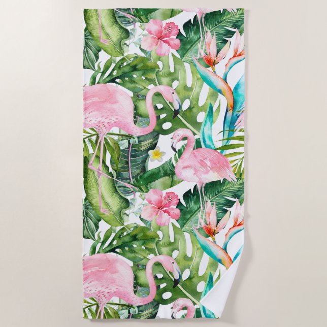 SERVIETTE DE PLAGE PIXDEZINES FLAMANTS ROSES ROSES FOLIERS TROPICAUX (Devant)