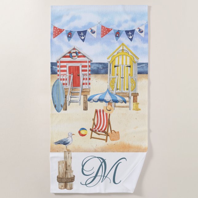 Serviette De Plage Plage amusante Scène été Océan Monogramme (Devant)