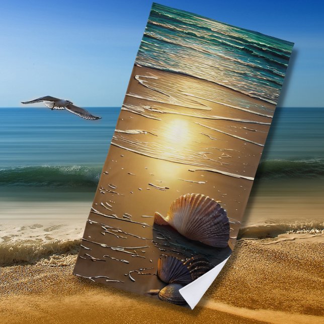 Serviette De Plage Plage au coucher du soleil avec des coquillages su (Créateur téléchargé)